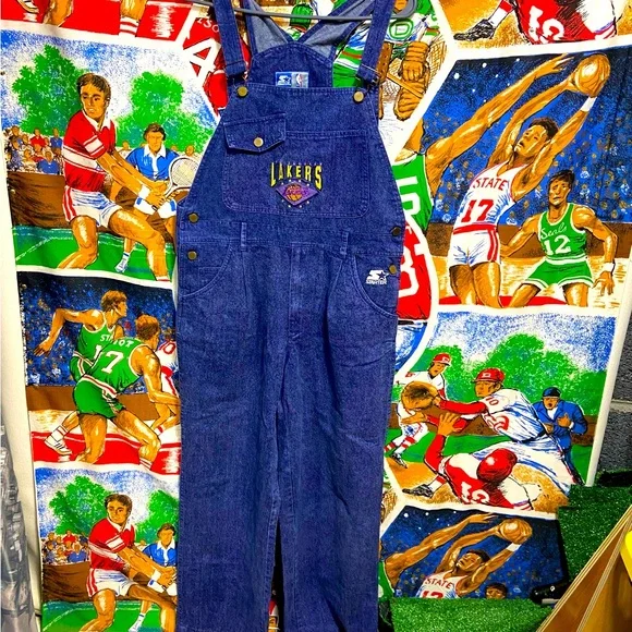 Rare Vintage Starter Los Angeles Lakers Purple Stonewashed Denim Overalls/Jumper - Picture 1 of 9